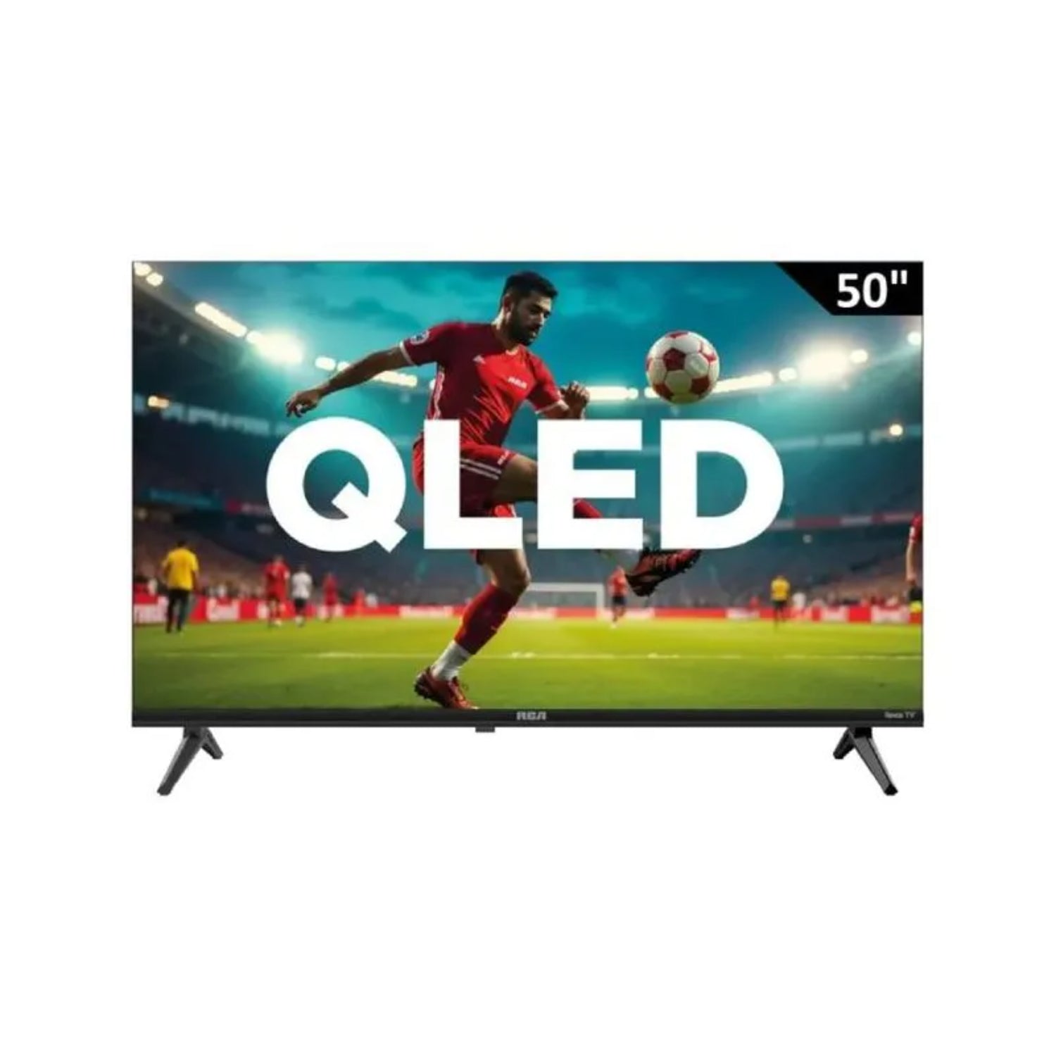 Televisor QLED RCA de 50 pulgadas, vista frontal, ideal para entretenimiento inteligente