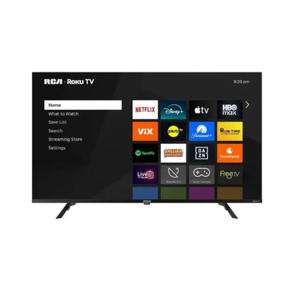 Televisor inteligente RCA con pantalla Roku, vista frontal desde el hogar
