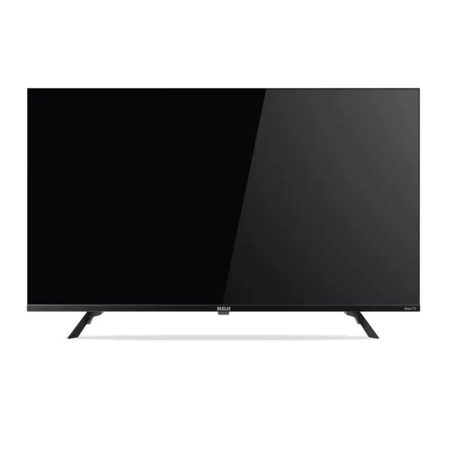 Televisor RCA smart negro, frontal, ideal para entretenimiento en casa