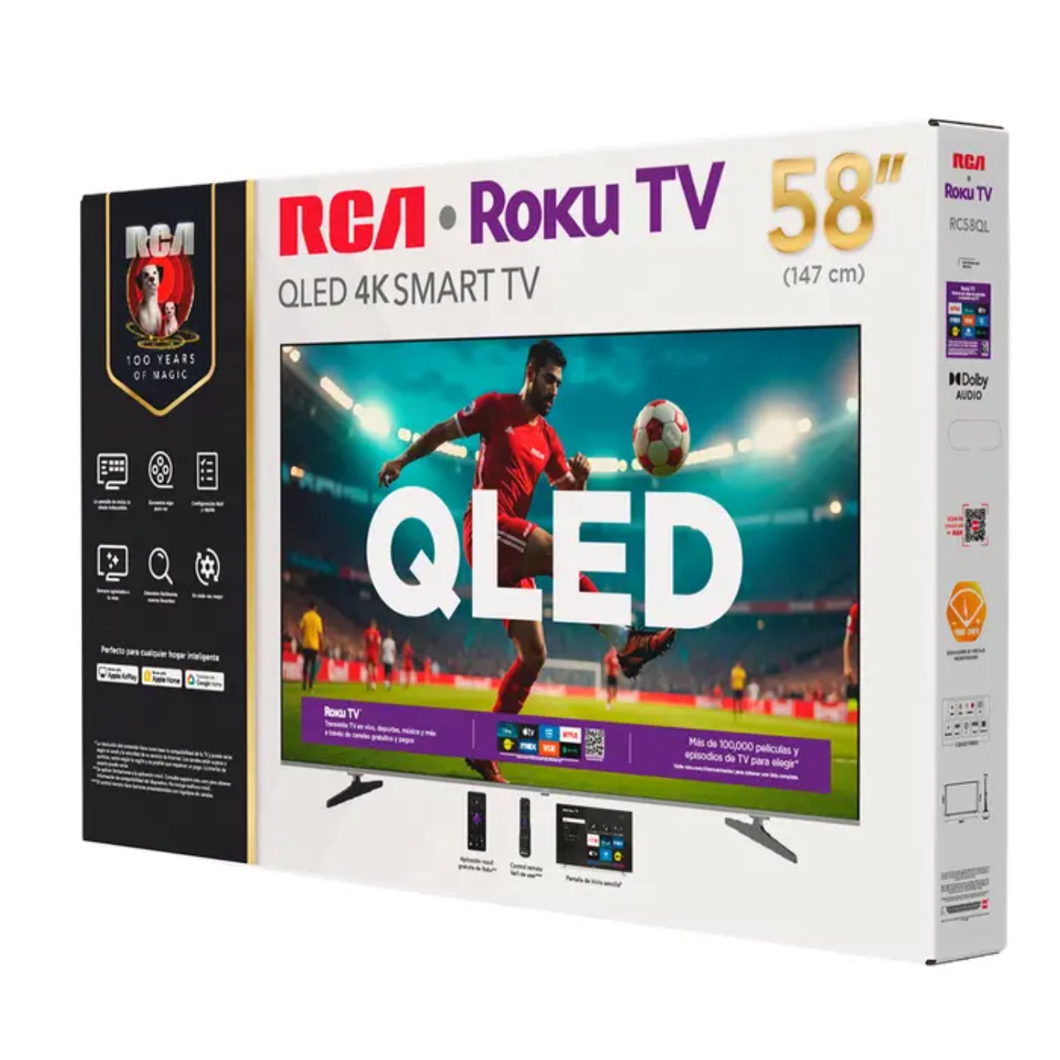 Televisor RCA QLED 4K Smart de 58 pulgadas, caja frontal, presentación destacada