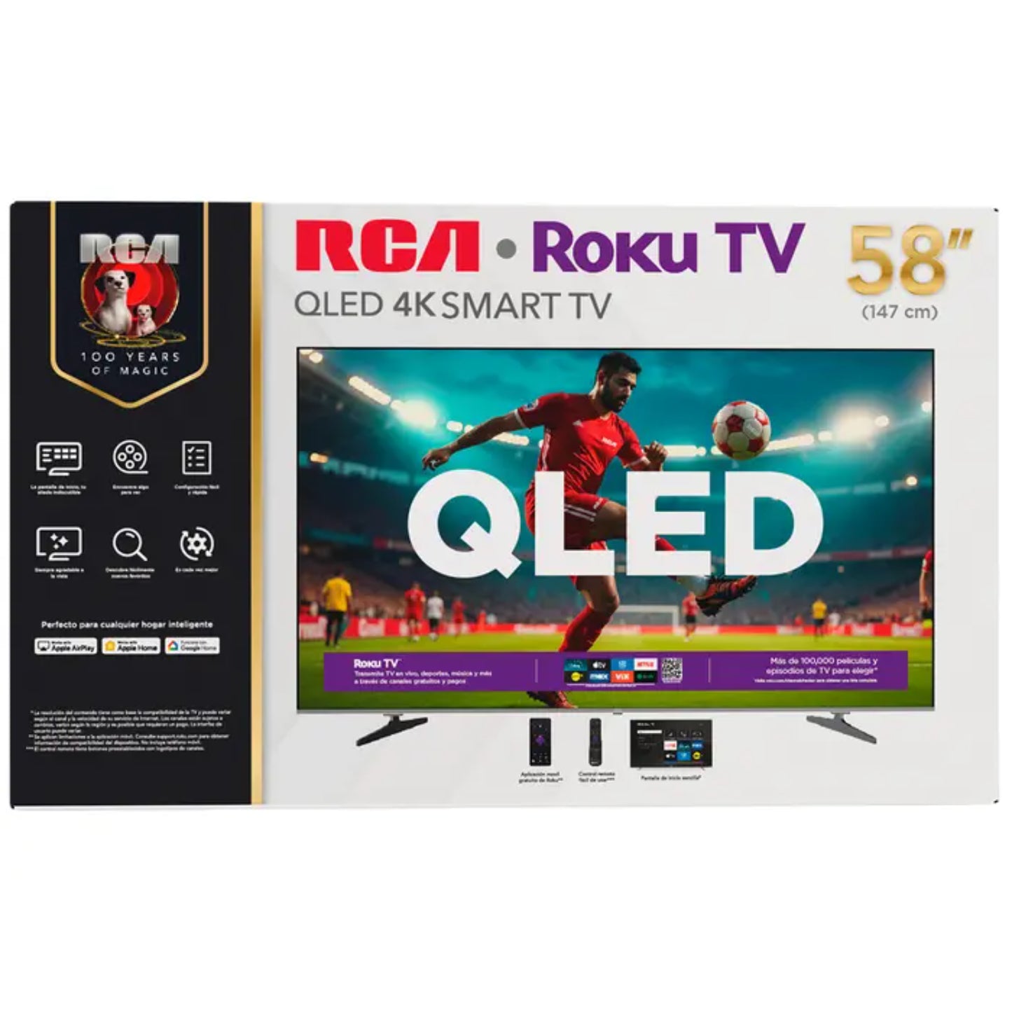 Televisor RCA QLED 58 pulgadas, vista frontal con imagen de fútbol, pantalla smart