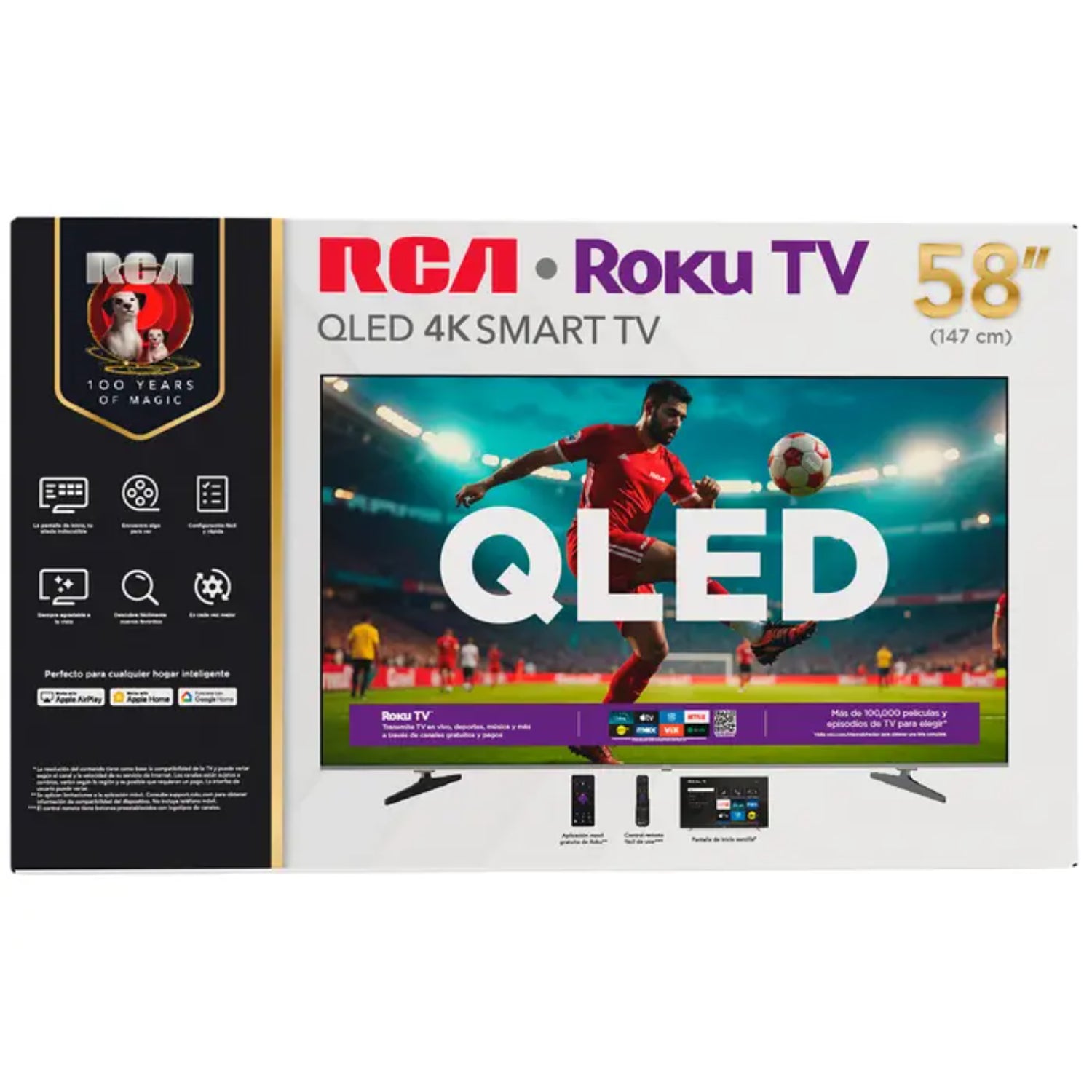 Televisor RCA QLED 58 pulgadas, vista frontal con imagen de fútbol, pantalla smart