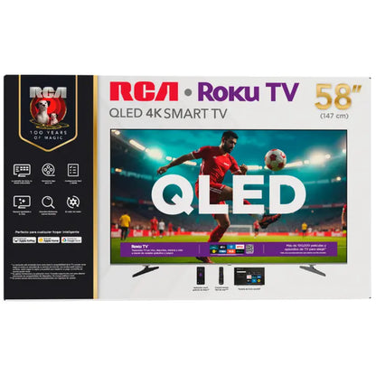 Televisor RCA QLED 58 pulgadas, vista frontal con imagen de fútbol, pantalla smart