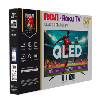 televisor RCA QLED SMART de 58 pulgadas, vista frontal en su caja