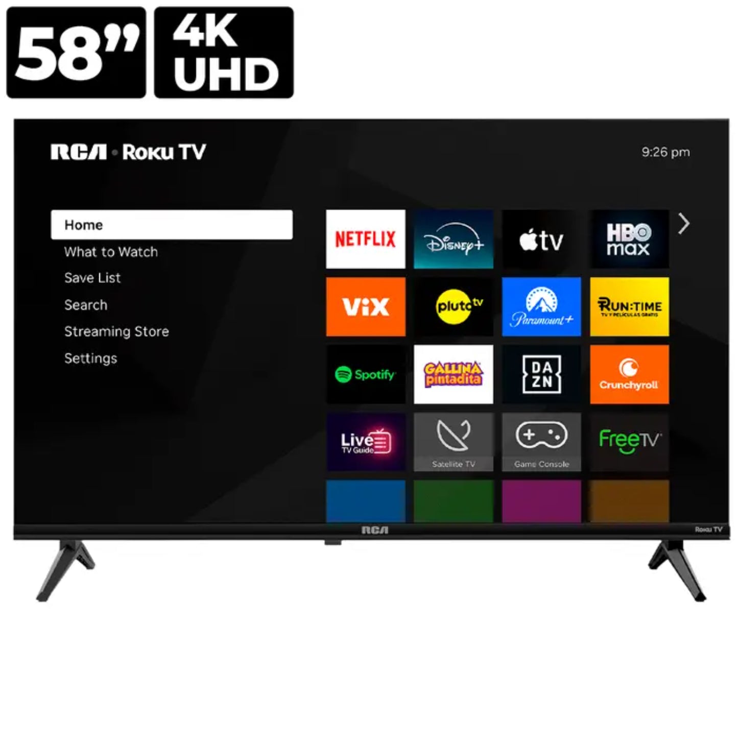 Televisor RCA de 58 pulgadas 4K UHD, pantalla smart en sala con aplicaciones