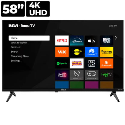 Televisor RCA de 58 pulgadas 4K UHD, pantalla smart en sala con aplicaciones