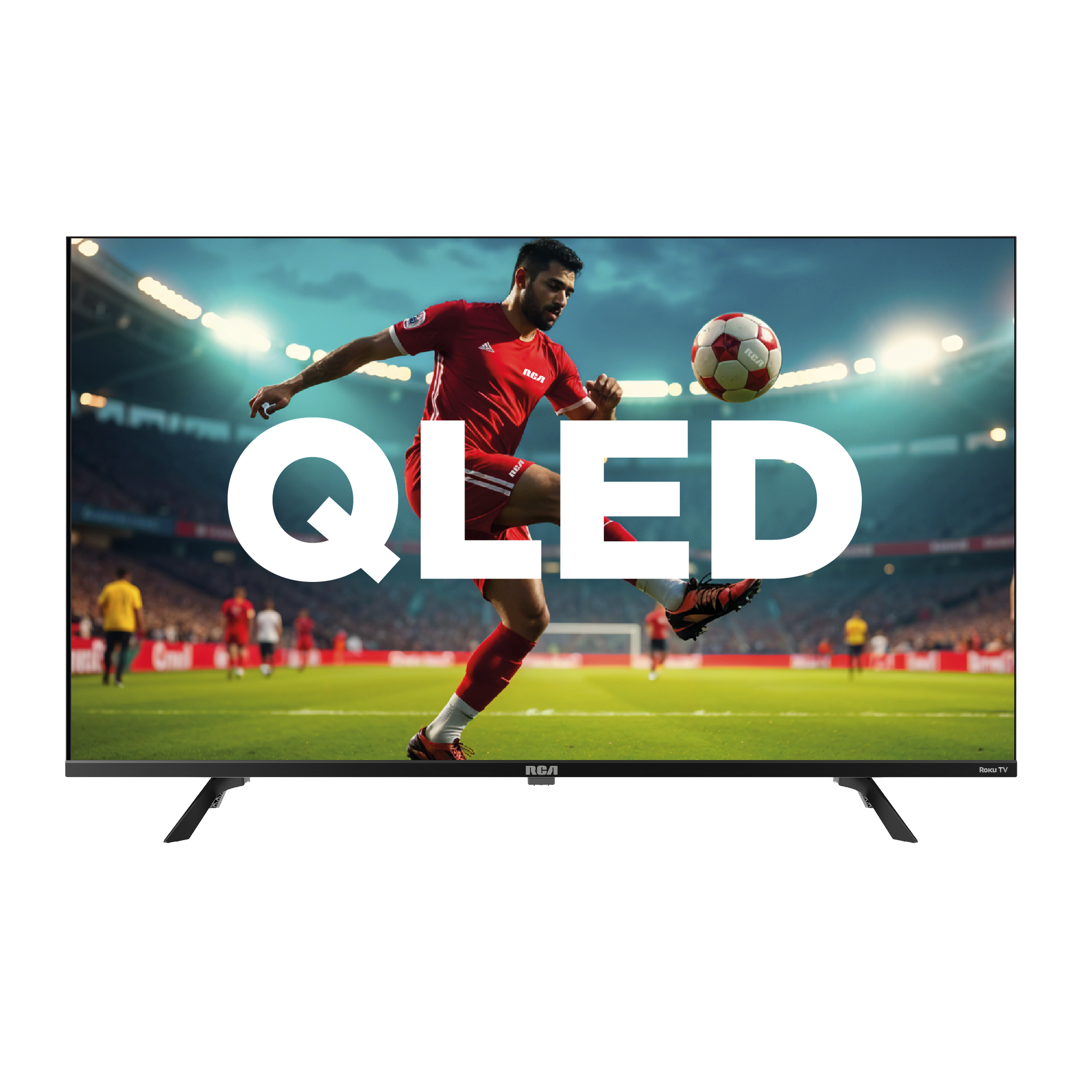 Televisor QLED 40 pulgadas, modelo RCA, vista frontal con imagen deportiva