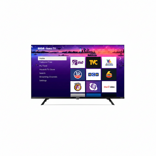 televisor qled 40 pulgadas RCA con interfaz Roku en pantalla de inicio