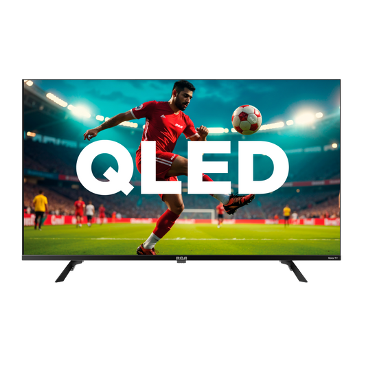 Televisor QLED 40 pulgadas, modelo RCA, vista frontal con imagen deportiva