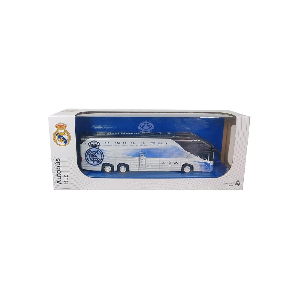 Autobús blanco del Real Madrid, modelo a escala en caja, ideal para coleccionistas