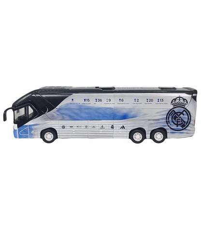Autobús de juguete Real Madrid, color gris y azul, vista lateral