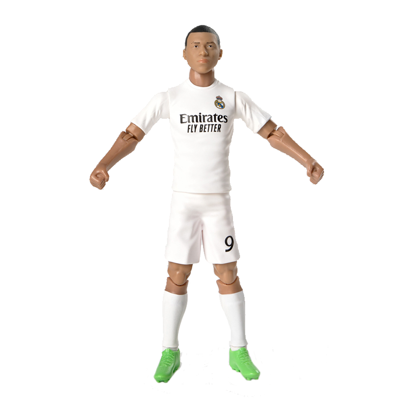 Figura de acción de futbolista Mbappé en uniforme blanco, pose de jugador