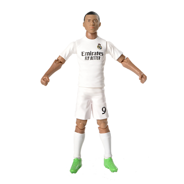 Figura de acción de futbolista Mbappé en uniforme blanco, pose de jugador