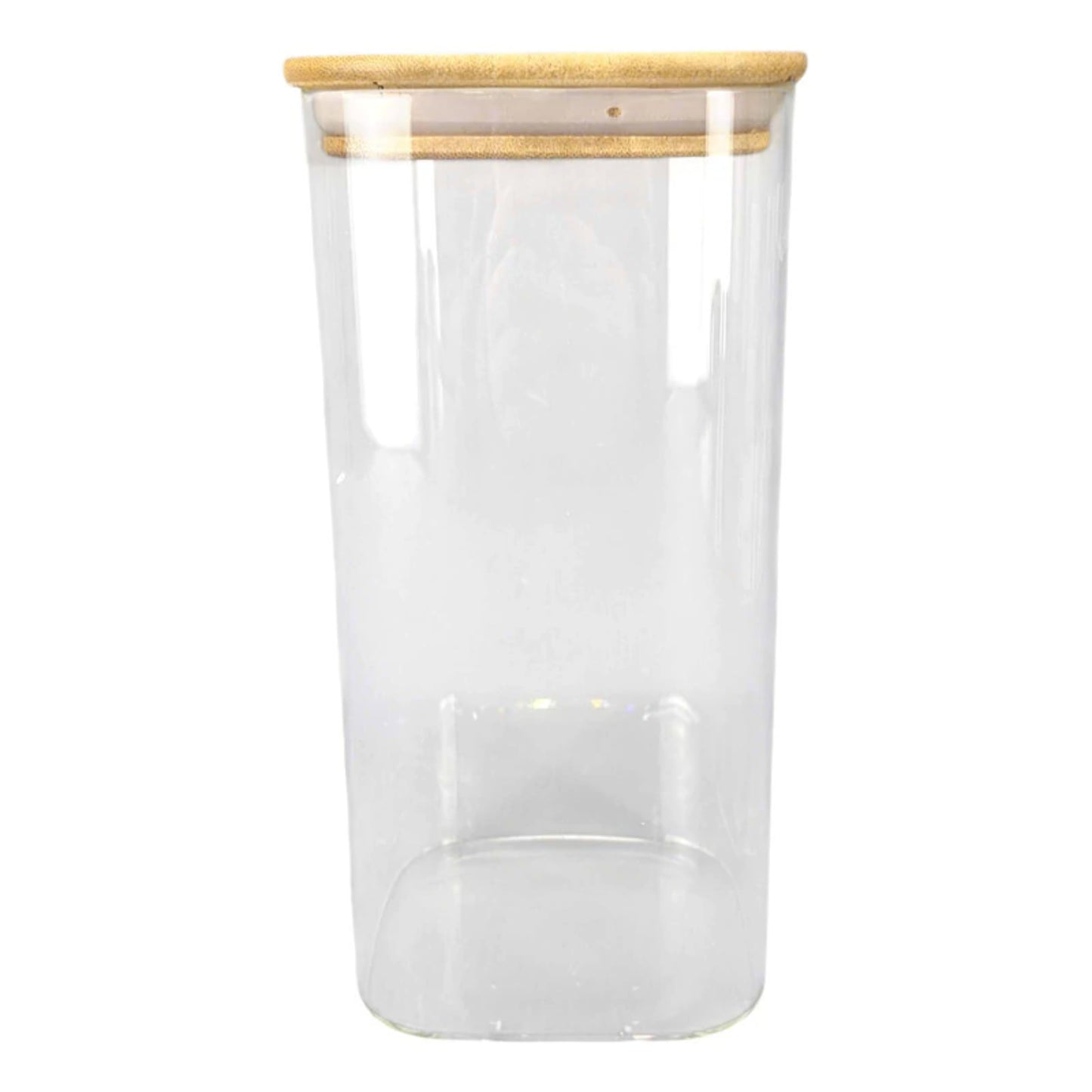 recipiente de vidrio con tapa, transparente, vista frontal, ideal para almacenamiento