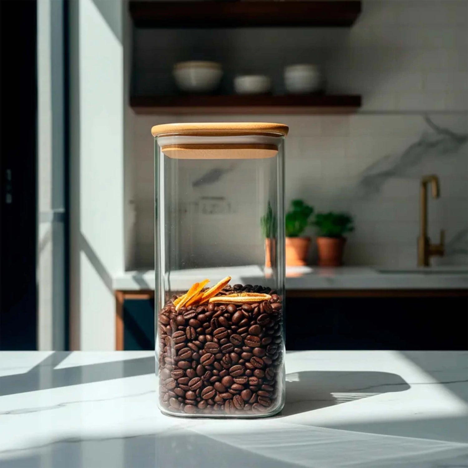 recipiente de vidrio con tapa, transparente, cocina, almacenamiento de café