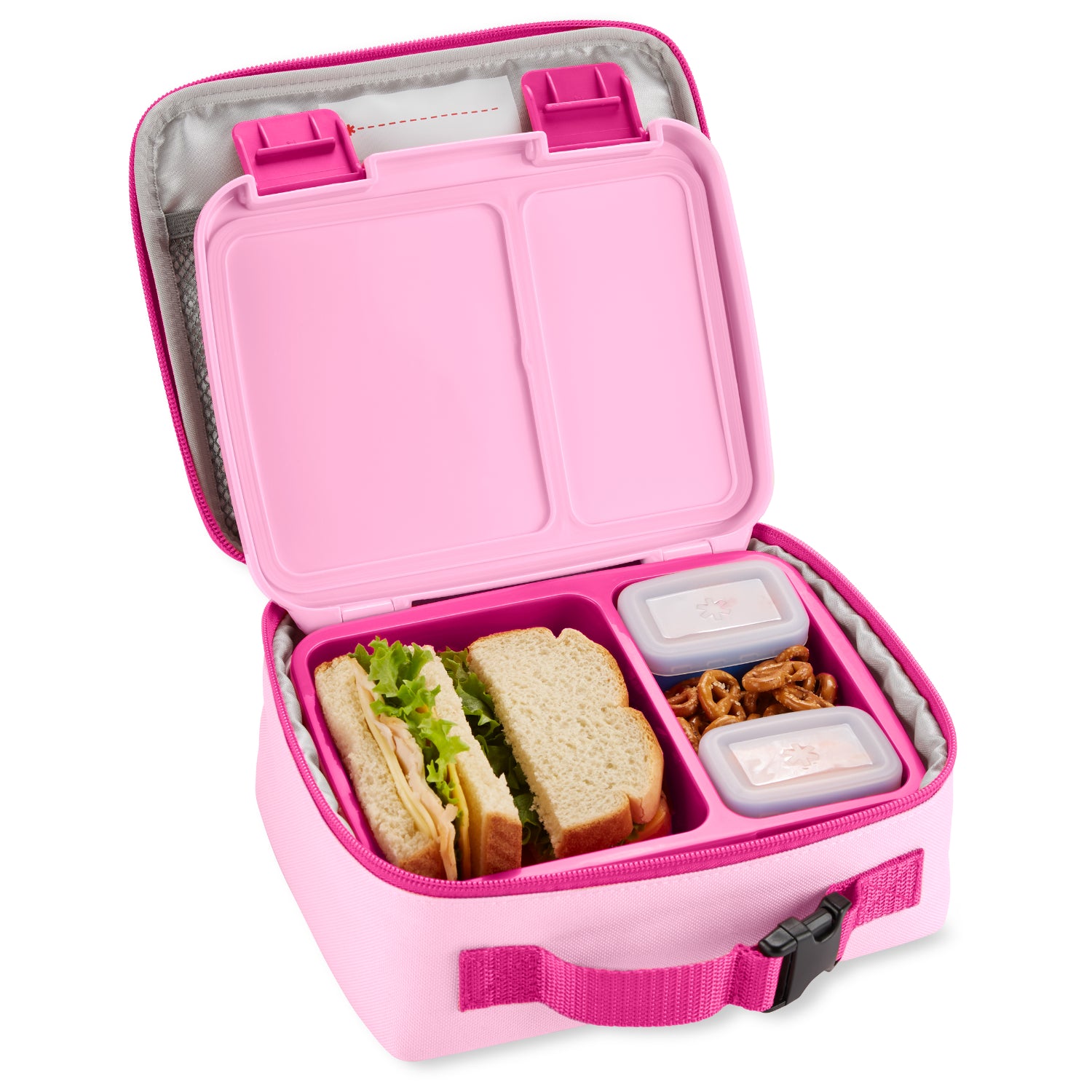 Funda de comida rosa abierta, recipientes para llevar comida al trabajo