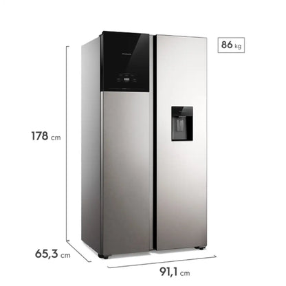 Refrigerador Frigidaire inoxidable, vista frontal con dispensador de agua