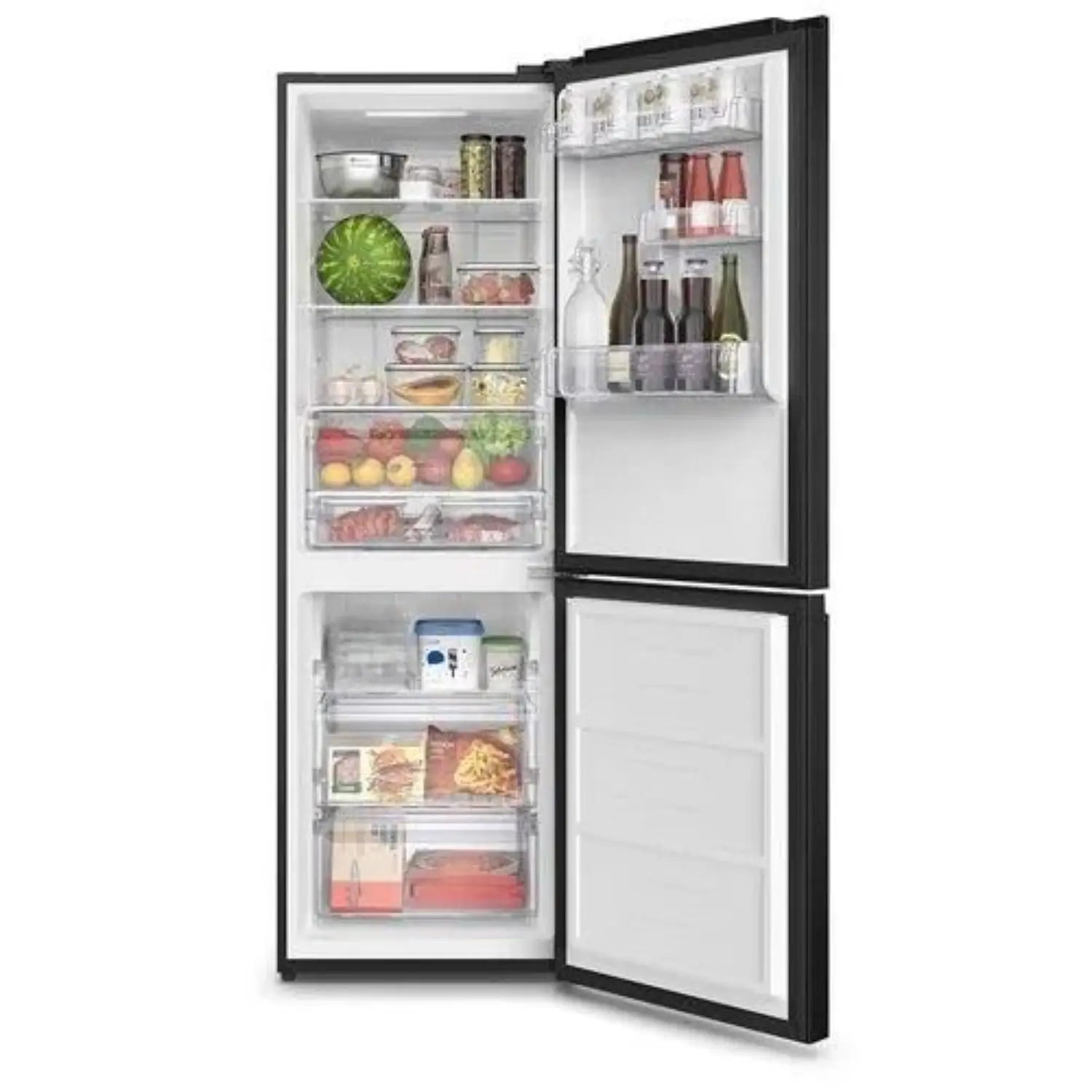 refrigerador Frigidaire negro frontal, con comida y bebidas en estantes