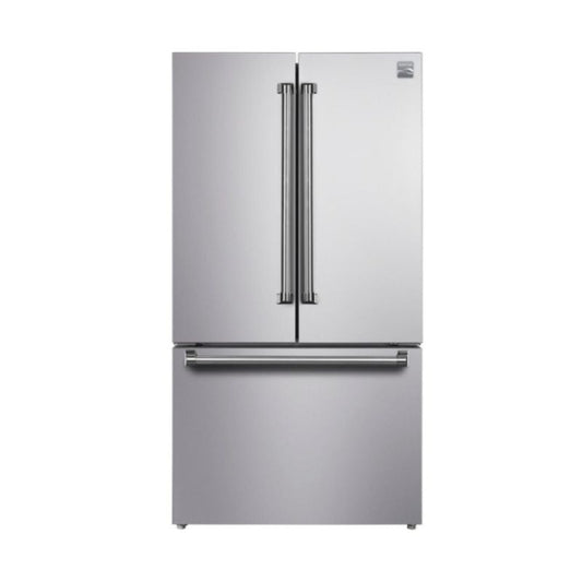 Refrigerador KENMORE de acero inoxidable, vista frontal en cocina moderna
