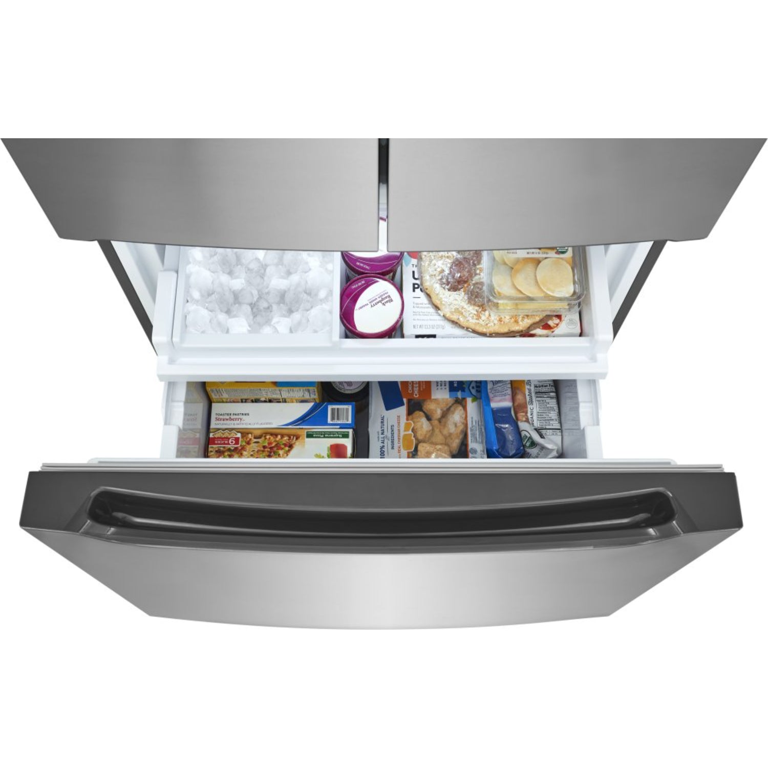 Vista interior de la refrigeradora fd 21 doble puerta Honduras con compartimiento de congelador y alimentos organizados