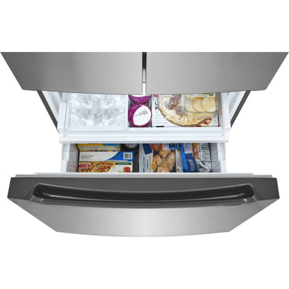 Vista interior de la refrigeradora fd 21 doble puerta Honduras con compartimiento de congelador y alimentos organizados