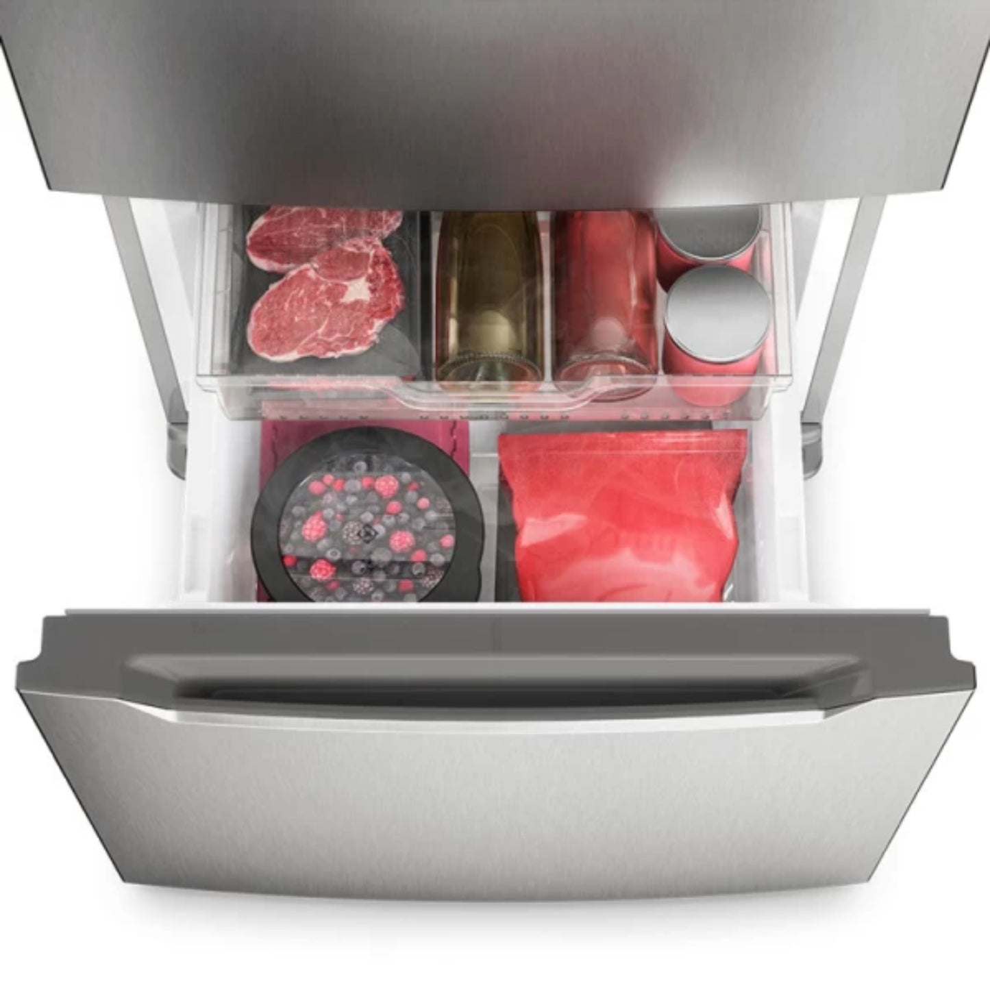 Interior de la refrigeradora french door 11 pies acero inoxidable con compartimentos organizados para alimentos