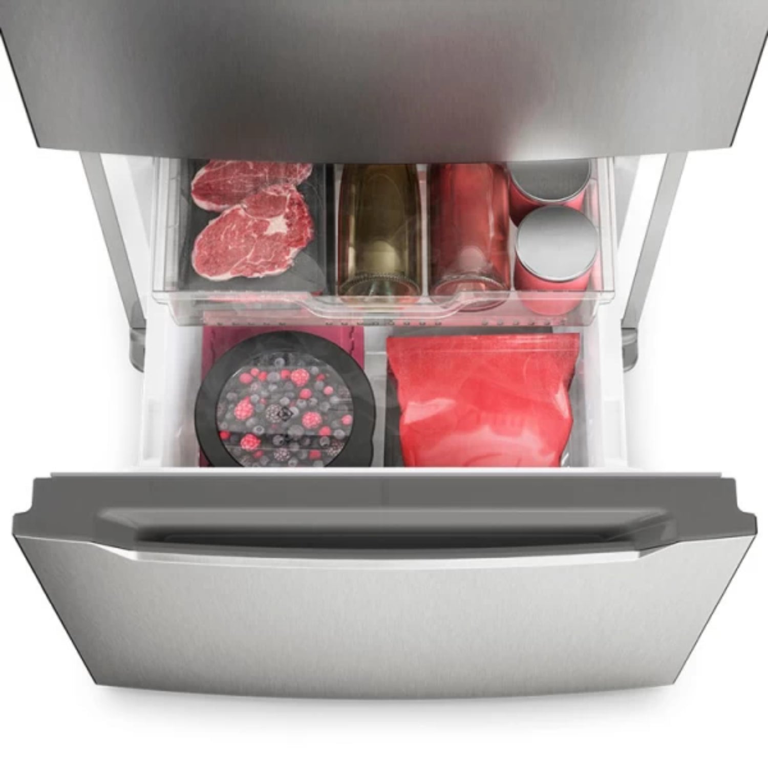 Interior de la refrigeradora french door 11 pies acero inoxidable con compartimentos organizados para alimentos