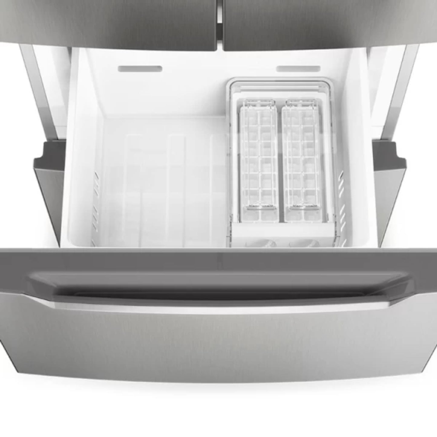 Interior de la refrigeradora french door 11 pies acero inoxidable con un cajón vacío y bandeja para hielos