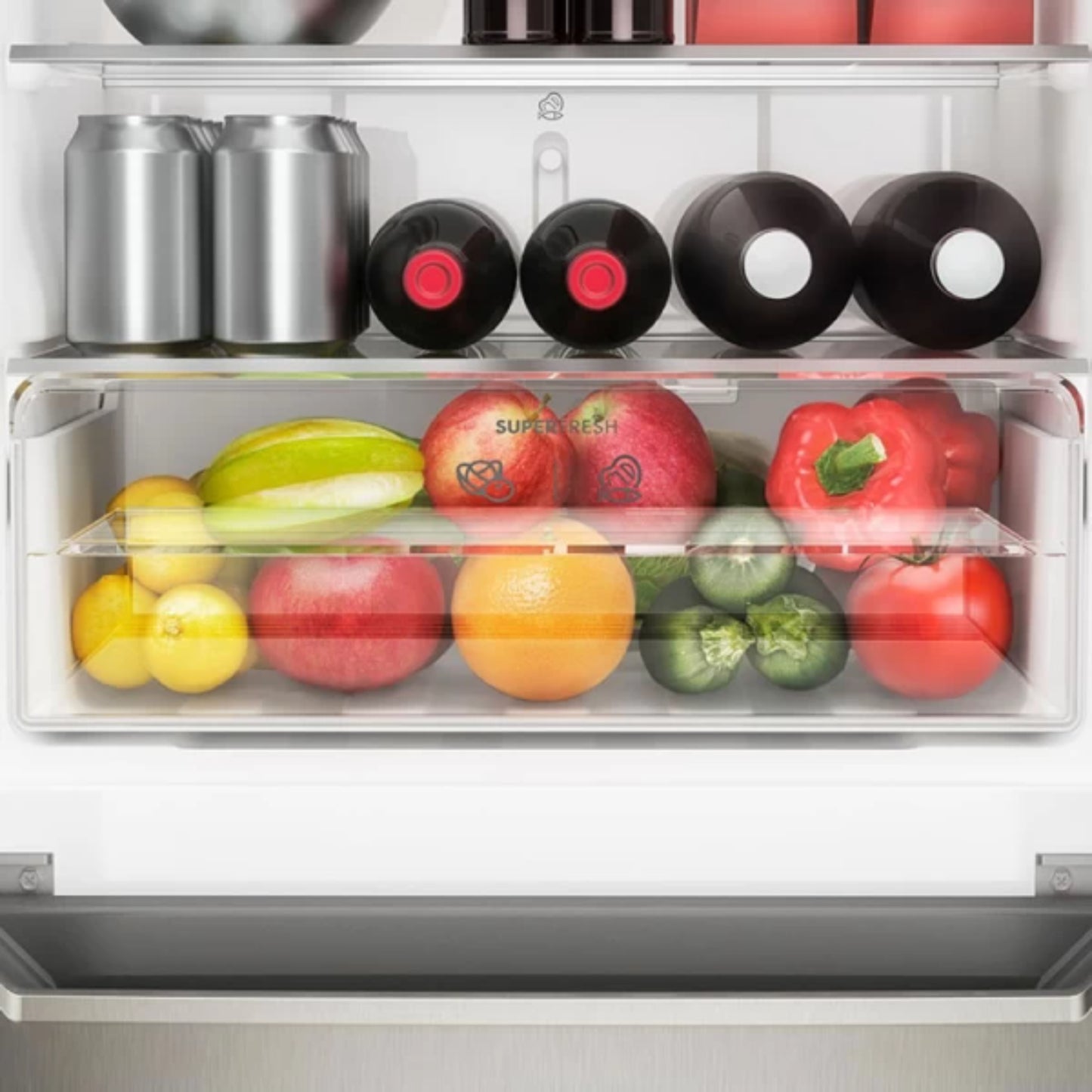 Interior de refrigeradora french door 11 pies acero inoxidable con compartimiento de frutas y verduras frescas