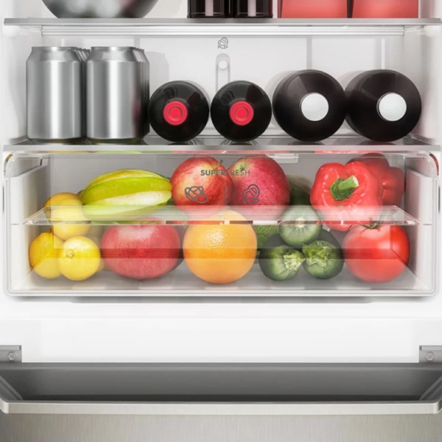 Interior de refrigeradora french door 11 pies acero inoxidable con compartimiento de frutas y verduras frescas