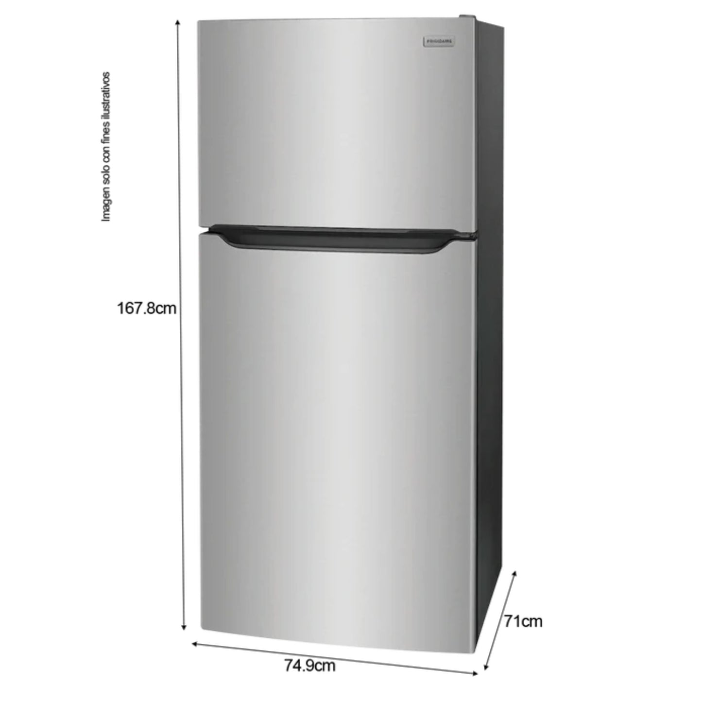 Refrigeradora Frigidaire silver de doble puerta con medidas de 167.8cm de alto y 74.9cm de ancho
