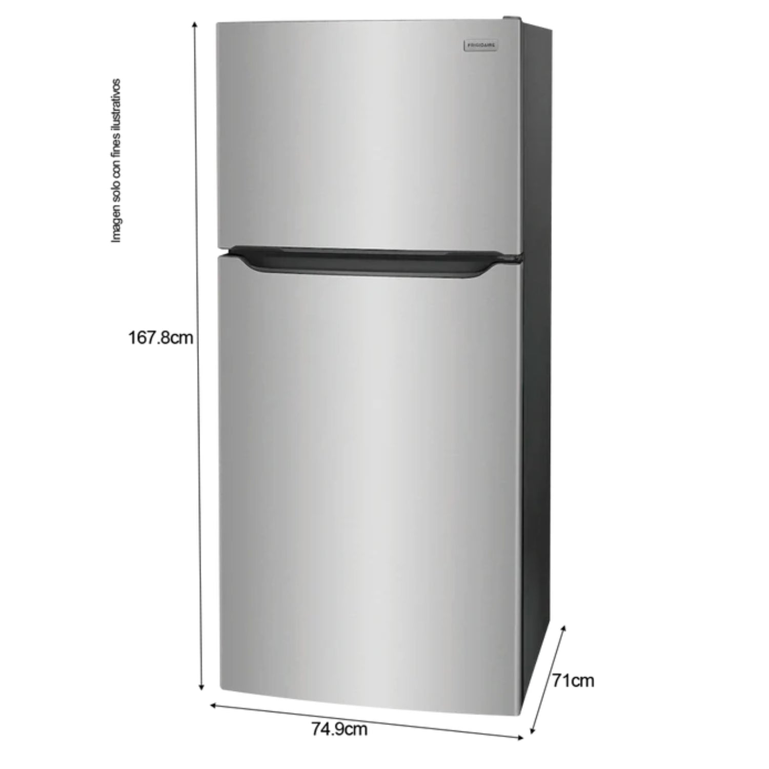 Refrigeradora Frigidaire silver de doble puerta con medidas de 167.8cm de alto y 74.9cm de ancho