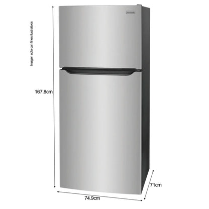 Refrigeradora Frigidaire silver de doble puerta con medidas de 167.8cm de alto y 74.9cm de ancho