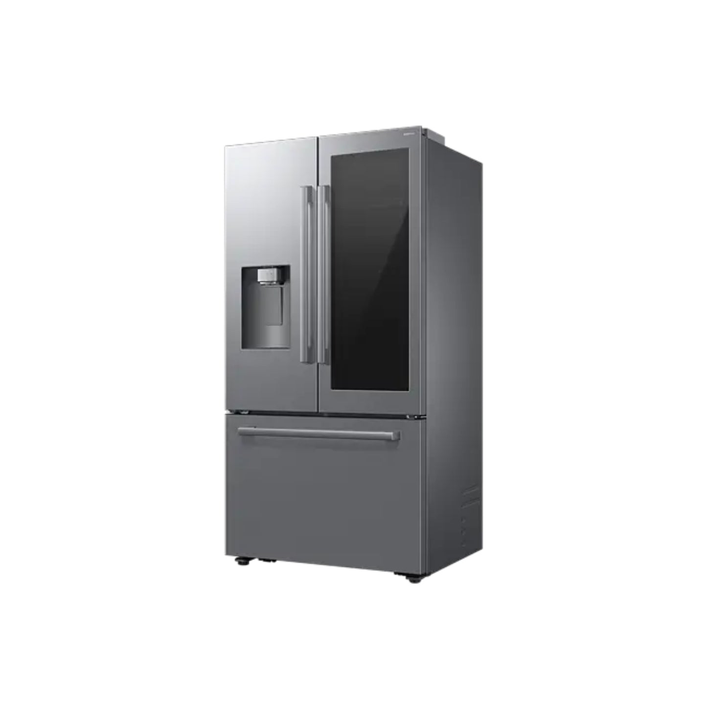 Refrigeradora Samsung gris frontal, diseño de puertas francesas, ideal para cocinas modernas