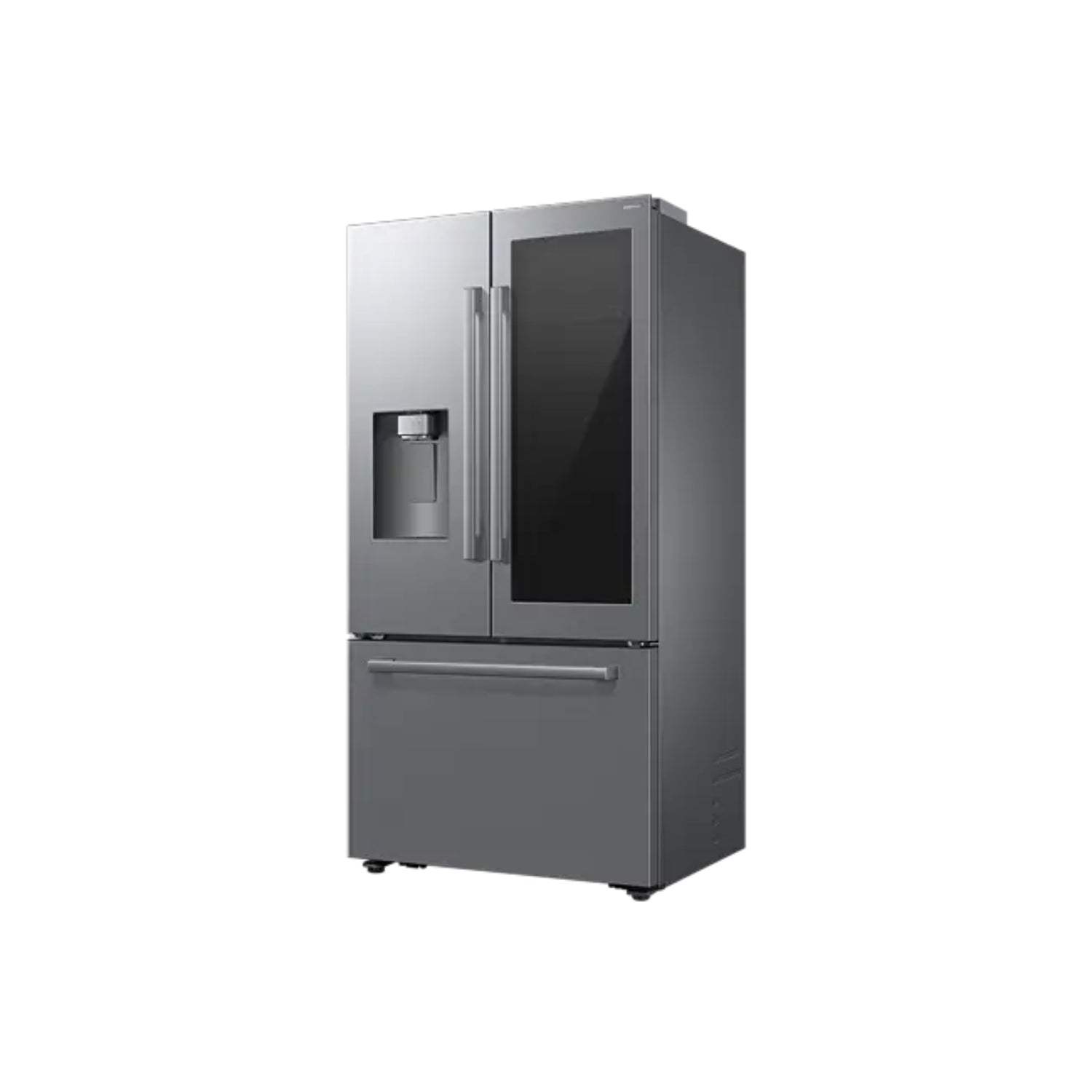 Refrigeradora Samsung gris frontal, diseño de puertas francesas, ideal para cocinas modernas