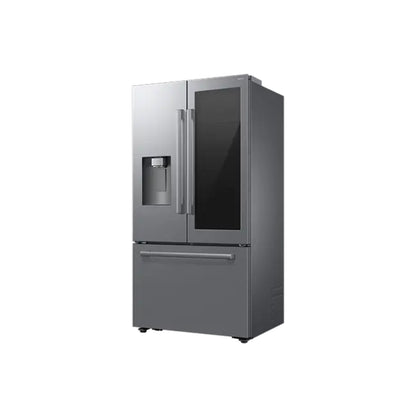 Refrigeradora Samsung gris frontal, diseño de puertas francesas, ideal para cocinas modernas