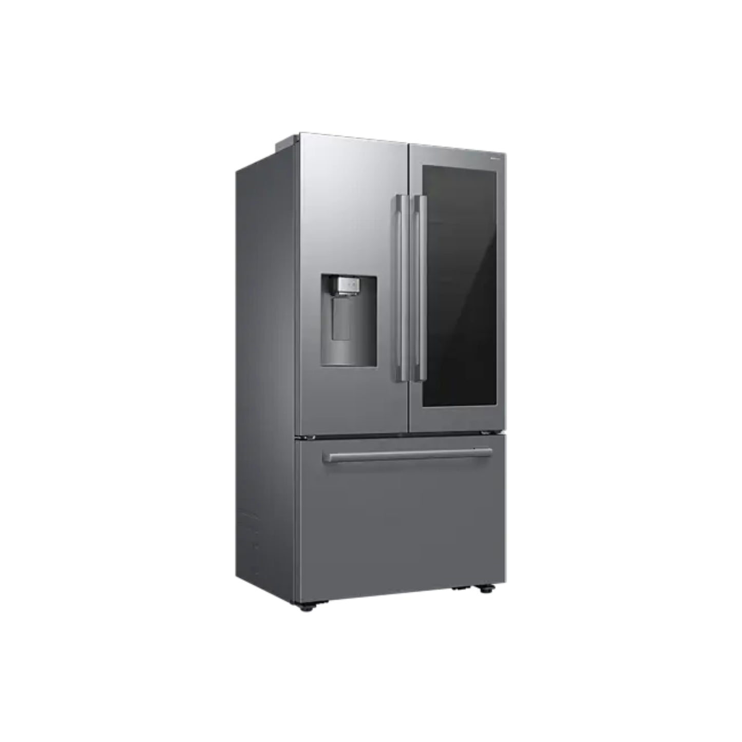Refrigeradora Samsung gris de dos puertas con dispensador de agua y vista frontal
