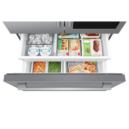 Refrigeradora Samsung gris vista superior con alimentos en el congelador