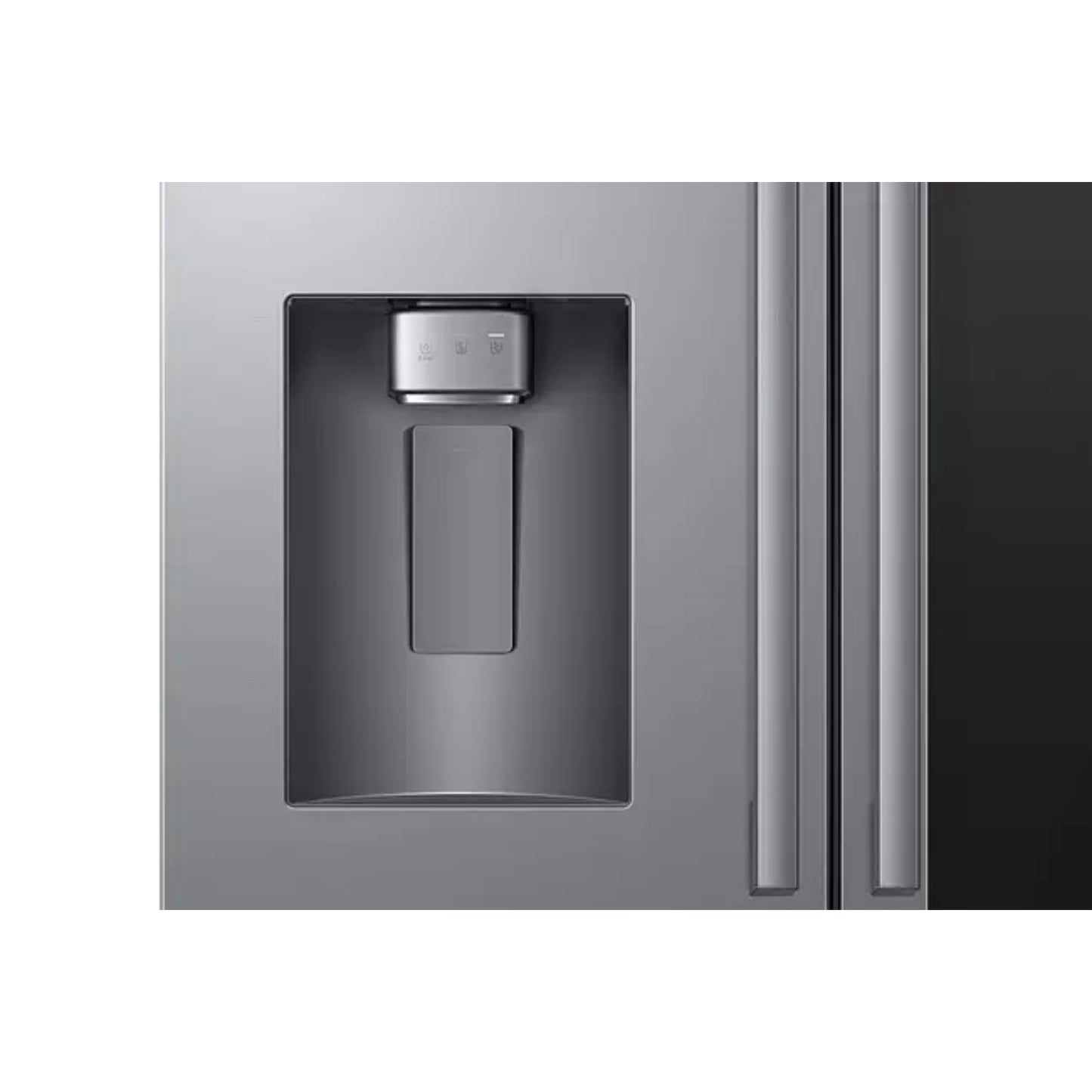 Refrigeradora SAMSUNG gris, vista frontal del dispensador de agua