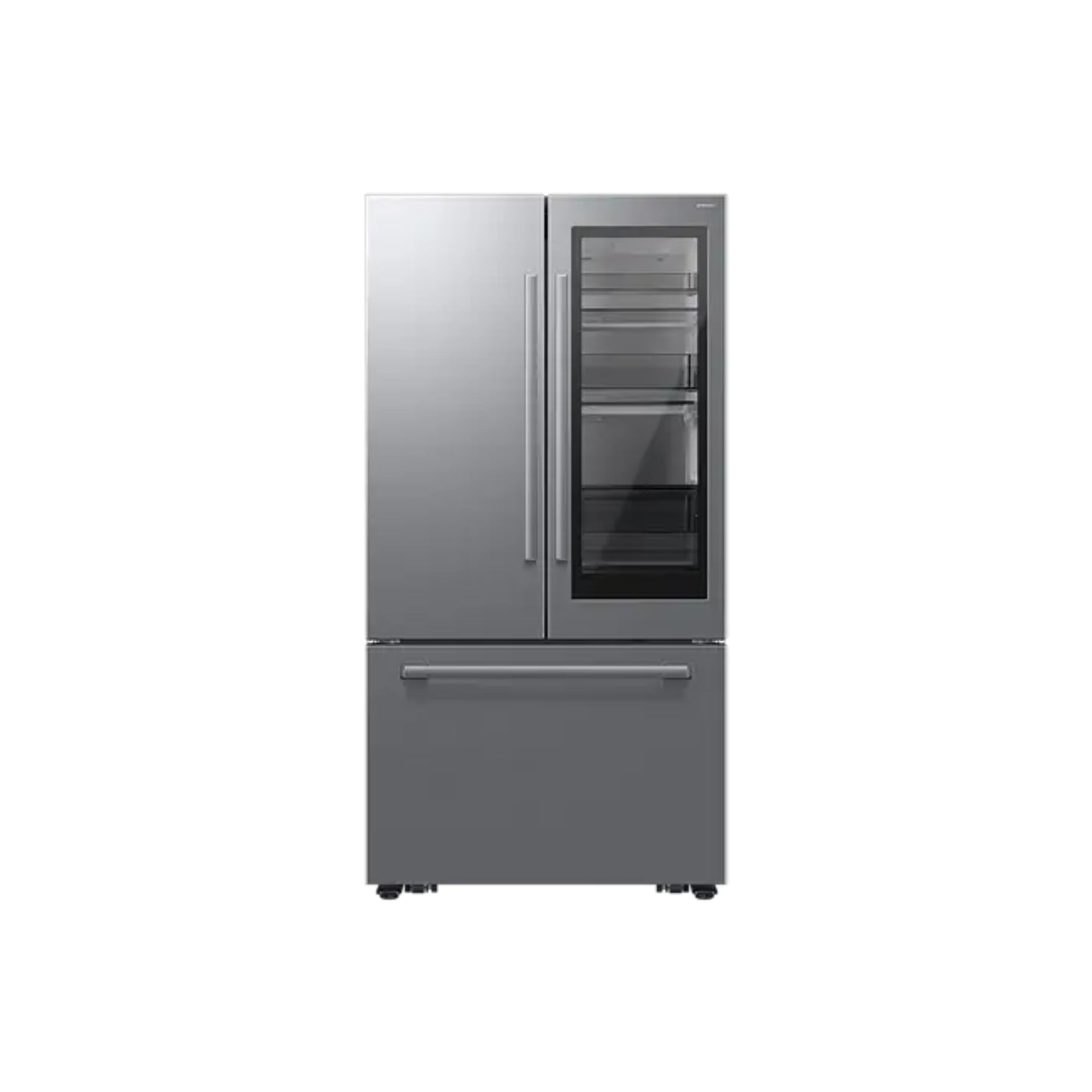 Refrigeradora Samsung de acero inoxidable, vista frontal con puerta de cristal