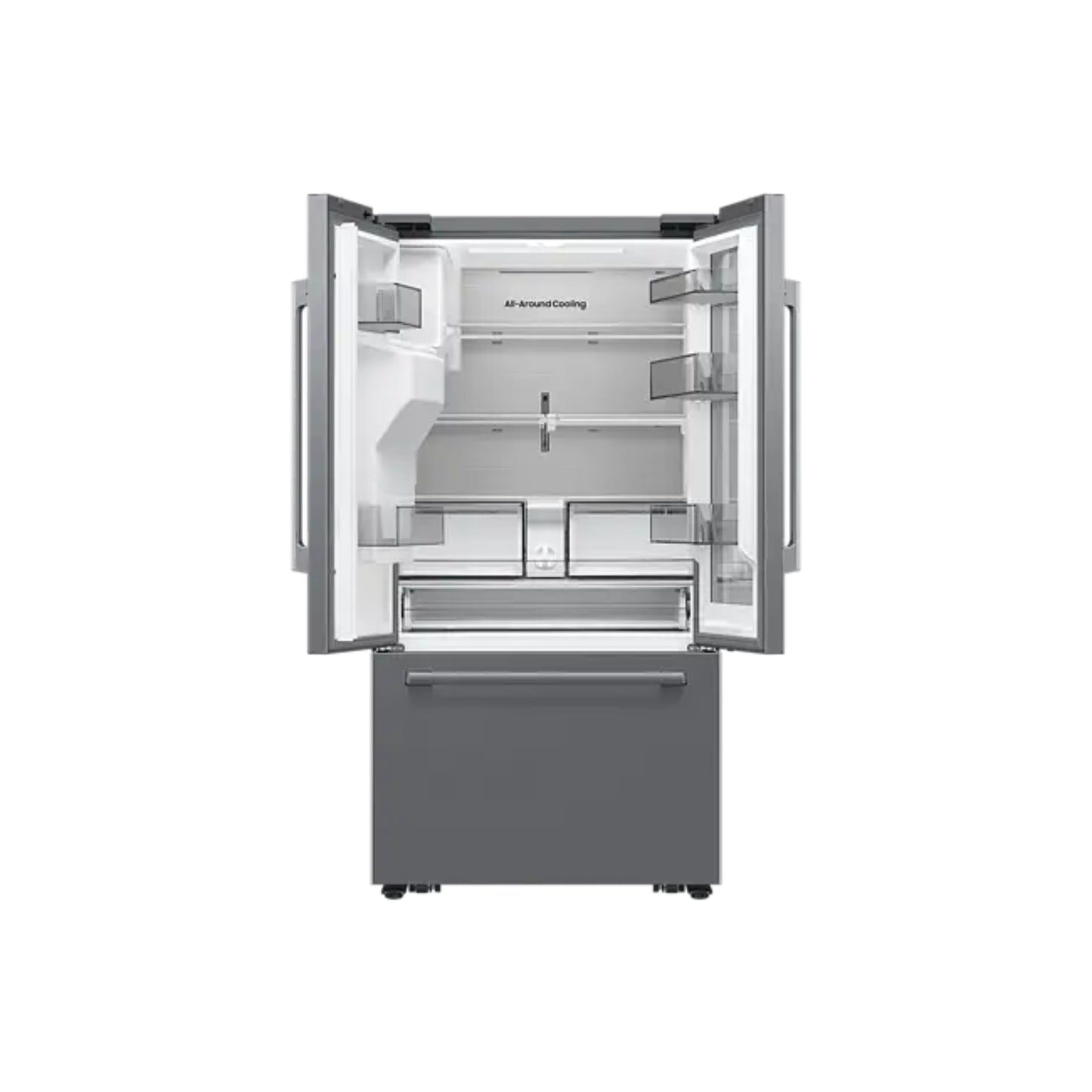 Refrigeradora Samsung gris frontal, vista interior con estantes espaciosos