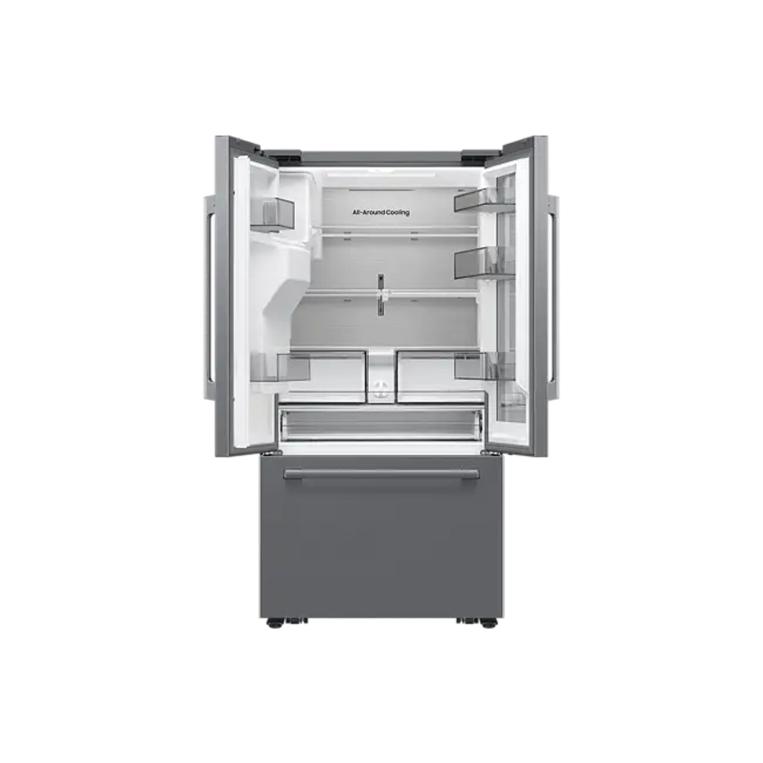 Refrigeradora Samsung gris frontal, vista interior con estantes espaciosos