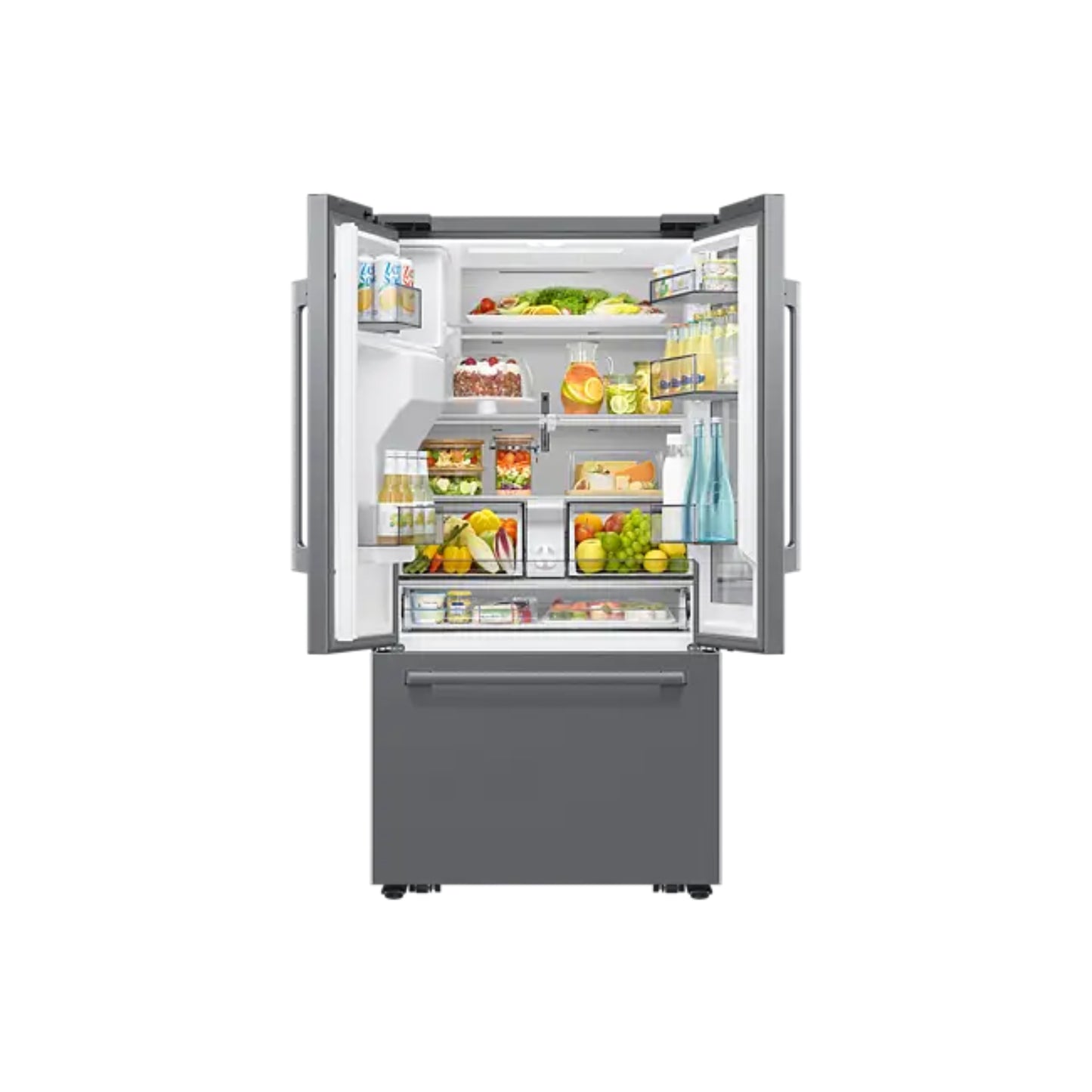 Refrigeradora Samsung gris abierta con alimentos frescos y bebidas en su interior