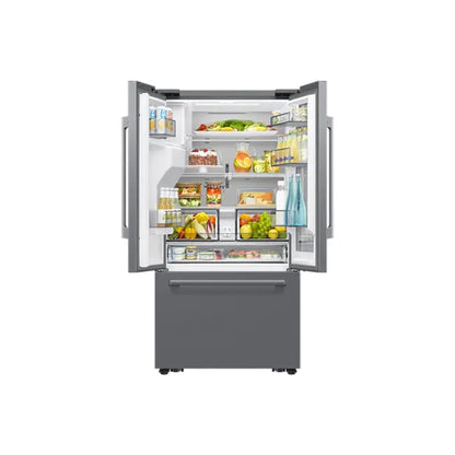 Refrigeradora Samsung gris abierta con alimentos frescos y bebidas en su interior