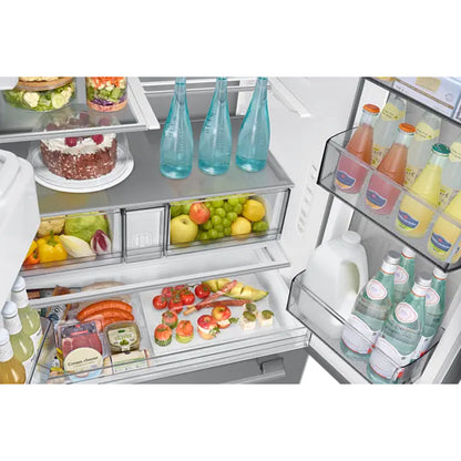 Refrigeradora Samsung interior con frutas, verduras y bebidas visibles