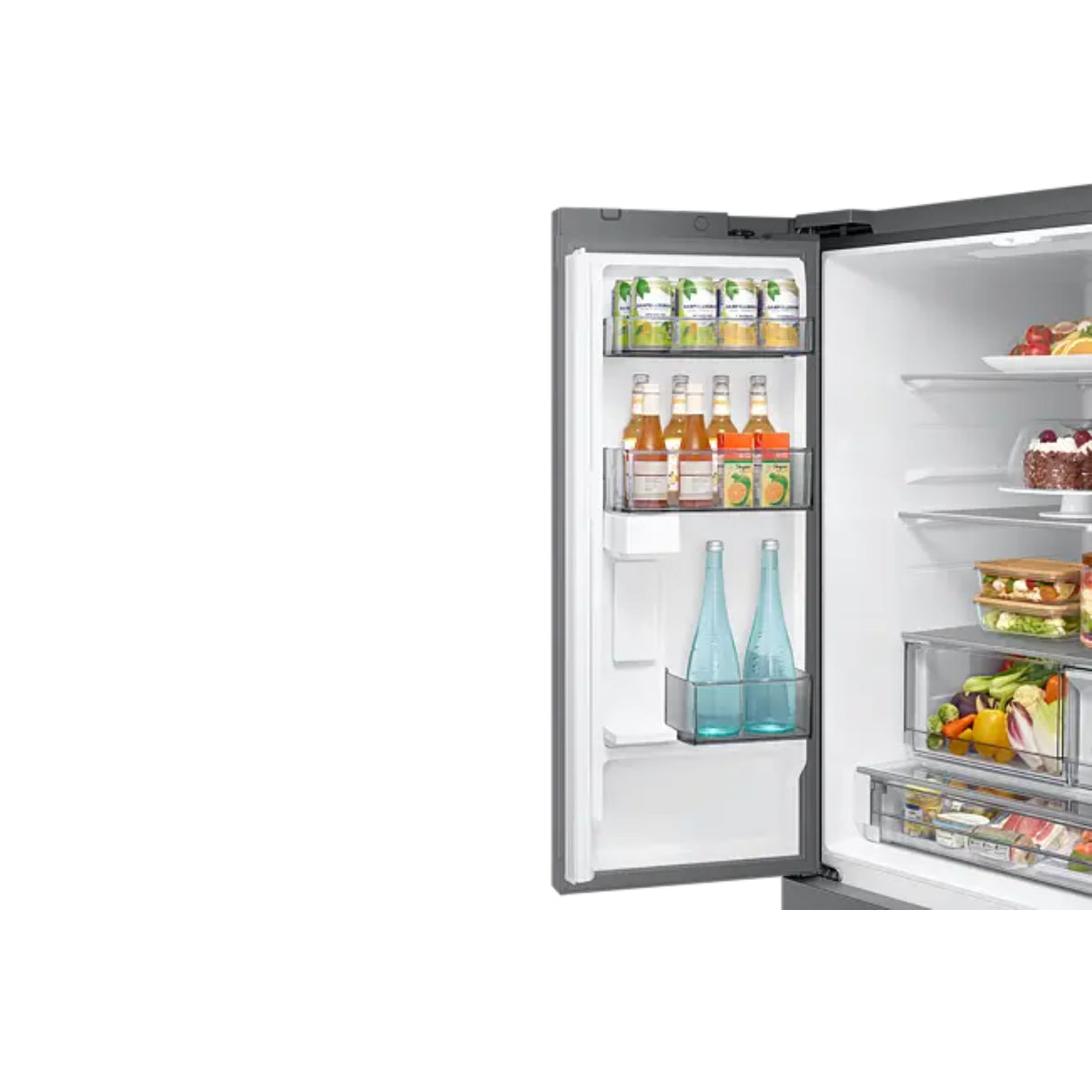 Refrigeradora Samsung blanca vista frontal con bebidas y alimentos