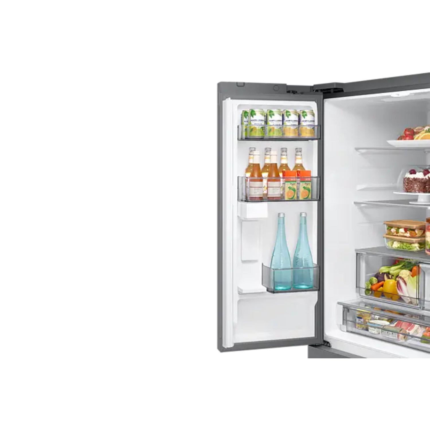 Refrigeradora Samsung blanca vista frontal con bebidas y alimentos