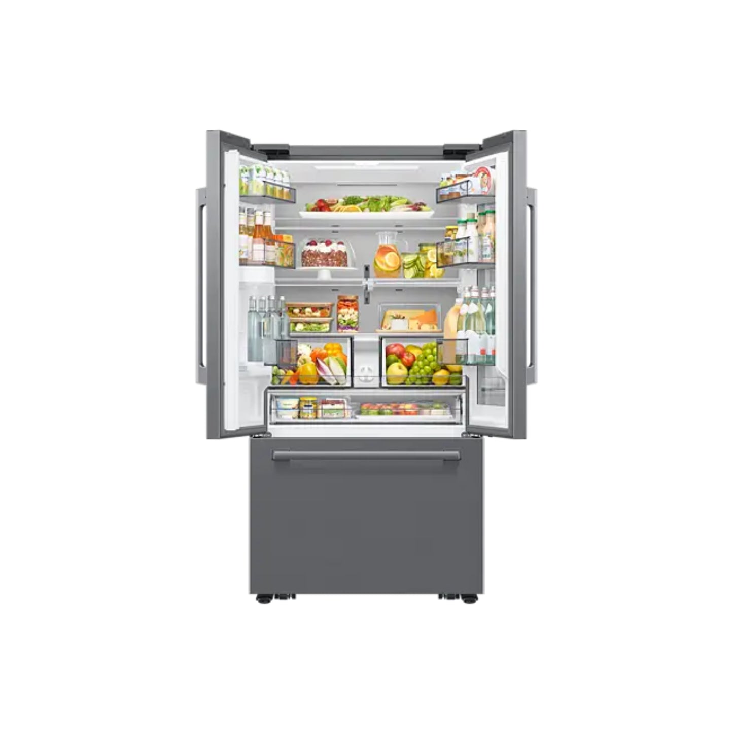 Refrigeradora Samsung gris vista frontal, interior iluminado con alimentos frescos