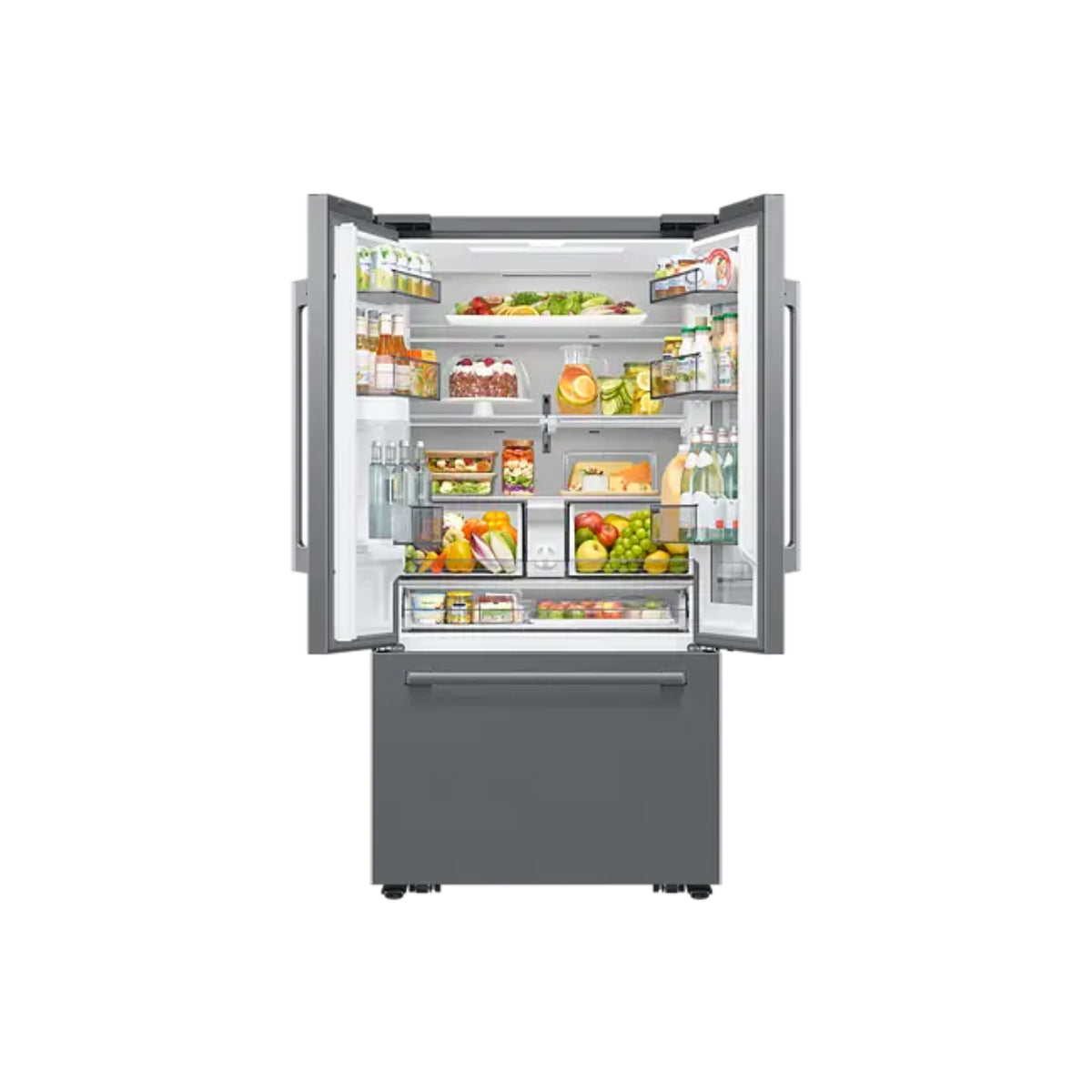 Refrigeradora Samsung gris vista frontal, interior iluminado con alimentos frescos