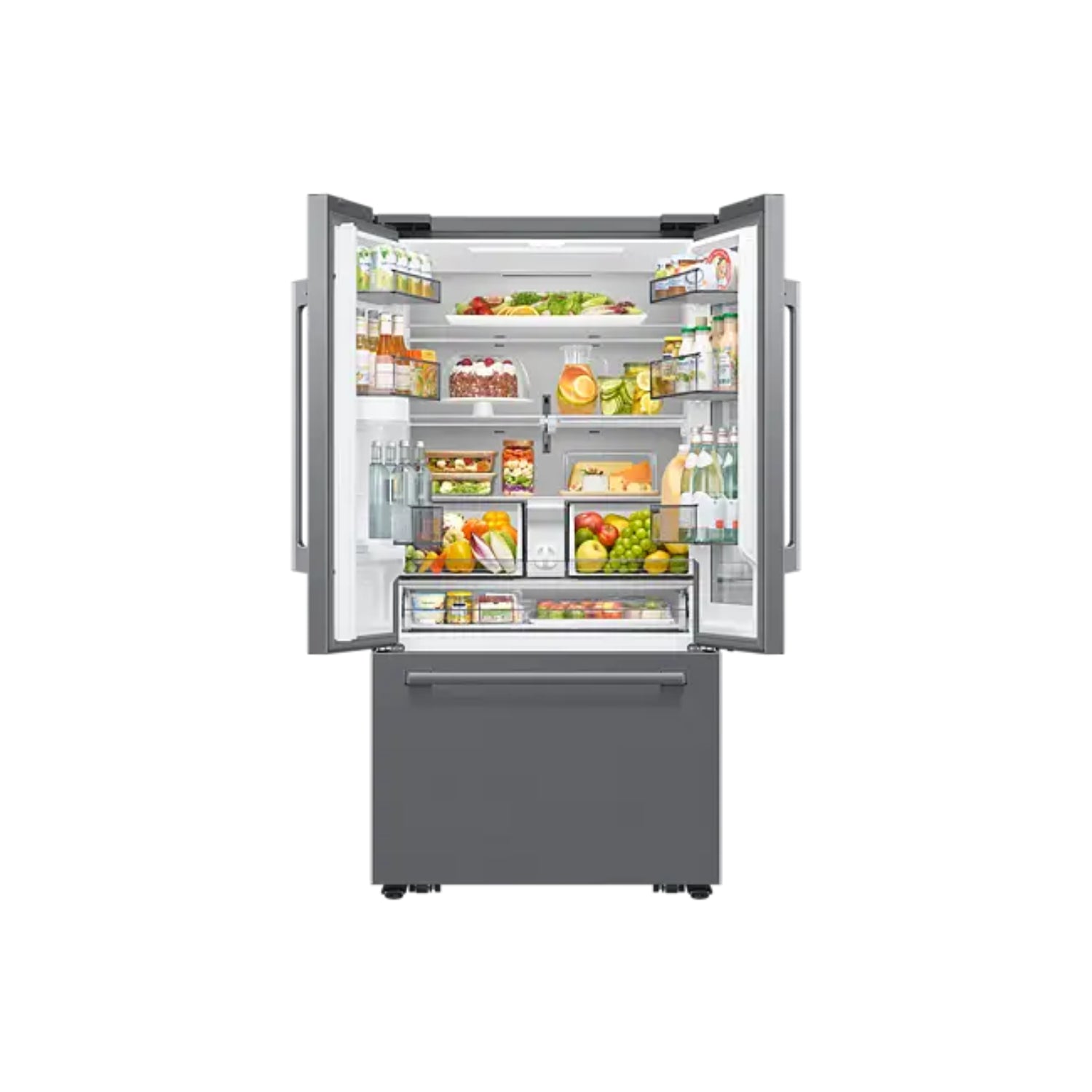 Refrigeradora Samsung gris vista frontal, interior iluminado con alimentos frescos